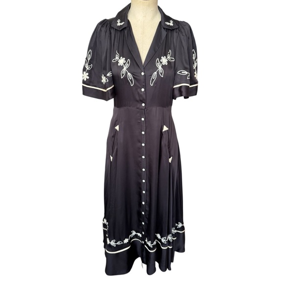 The Great. The Western Bridge Embroidered Satin Midi Dress Black Small Size:1 - Picture 5 of 16